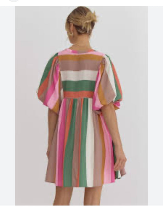 Multi Stripe Balloon Sleeve Dress