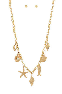 Pearl in Shell & Sea Life Multi Charm Necklace