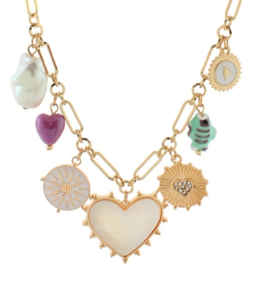 MOP Heart & Mixed Charm Necklace