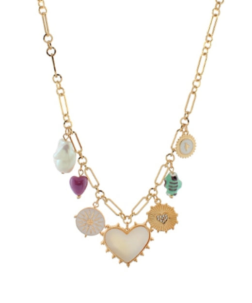 MOP Heart & Mixed Charm Necklace