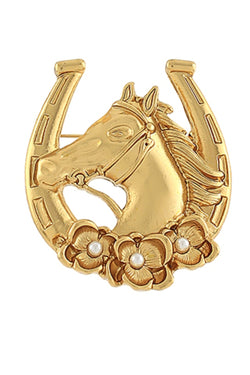 Western Horseshoe and Rose Brooch