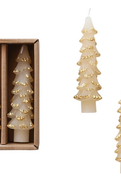 Unscented Tree Shaped Taper Candles w/ Gold Tips - Eggnog