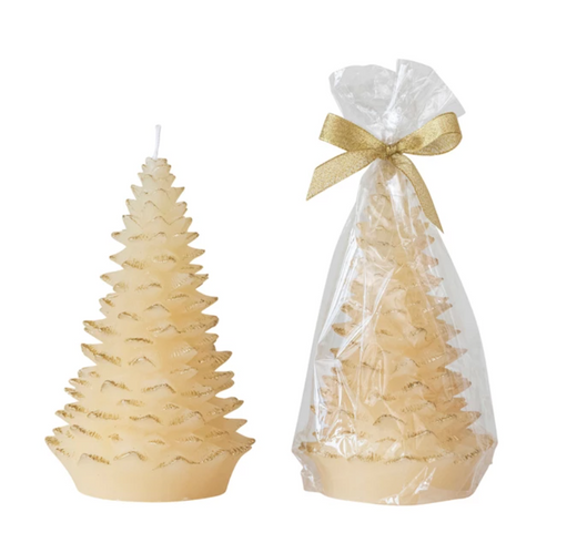 Unscented Tree Shaped Candle w/ Gold Tips, Eggnog Color