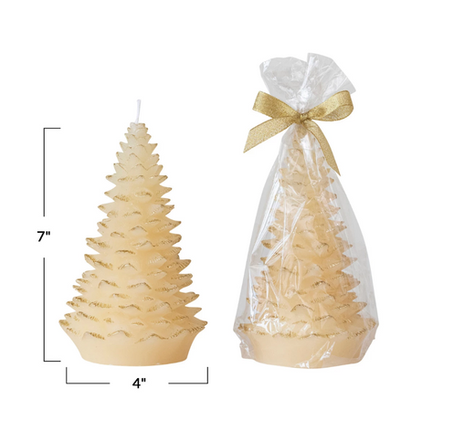 Unscented Tree Shaped Candle w/ Gold Tips, Eggnog Color