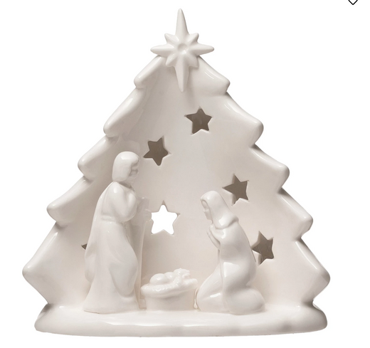 Stoneware Holy Family with Tree & Cut-Outs