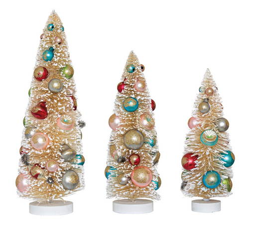 Antique White Bottle Brush Trees w/ Multi Color Ornaments