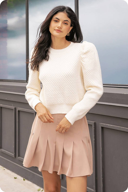 Puff Shoulder Textured Knit Sweater