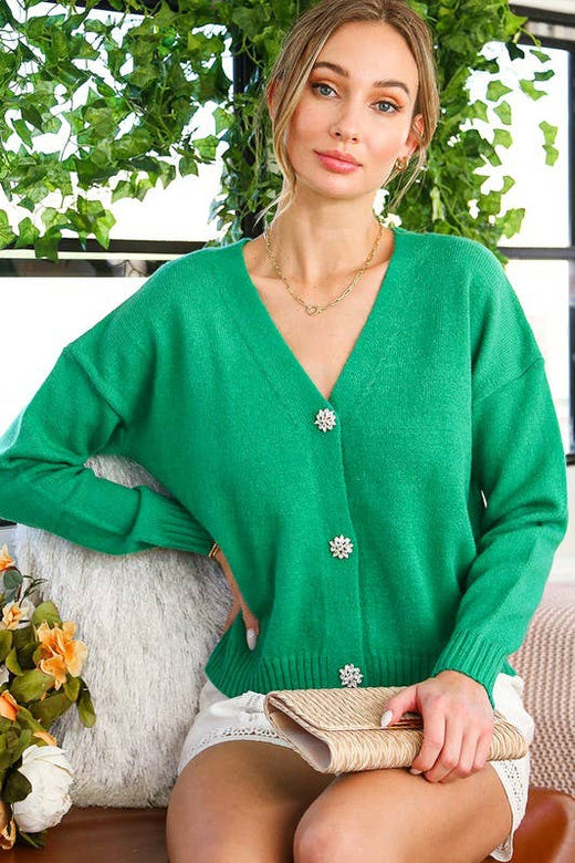 Jeweled Button Accent Sweater