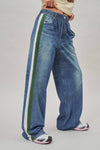 Wide Leg Faux Denim Track Pants With Side Stripes