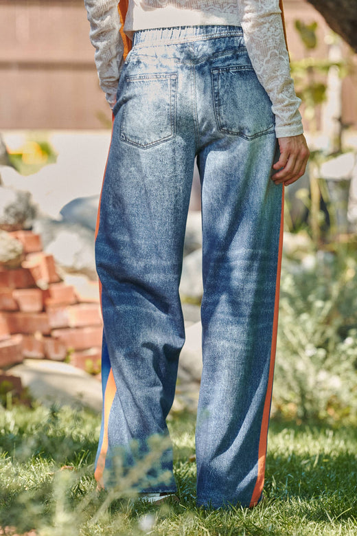 Wide Leg Faux Denim Track Pants With Side Stripes