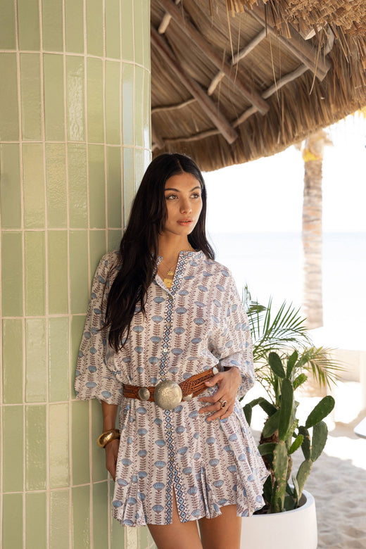 Sky Blue Belted Color Block Floral Shirt Dress