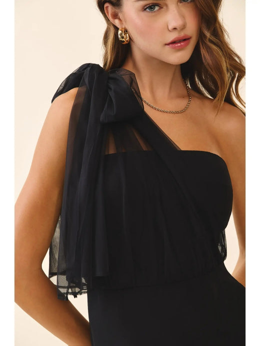 One Shoulder Sheer Chiffon Bow Detail Mini Dress