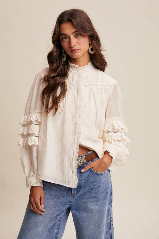 Lace Ruffle Sleeve Pintuck Shirt