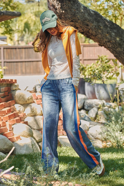 Wide Leg Faux Denim Track Pants With Side Stripes