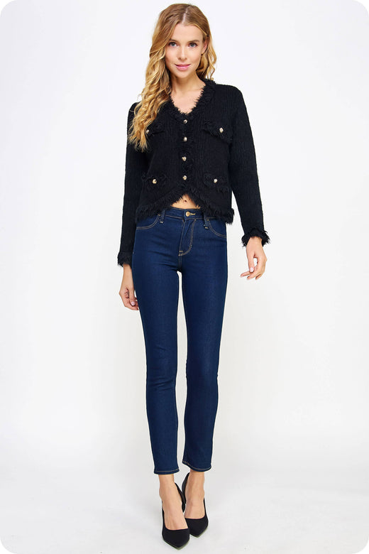 Frayed Trim Textured Cardigan