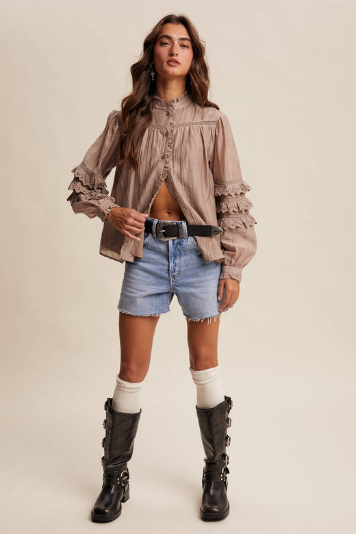 Lace Ruffle Sleeve Pintuck Shirt