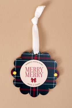 Scalloped Round Picture Frame Ornament-Evergreen Plaid