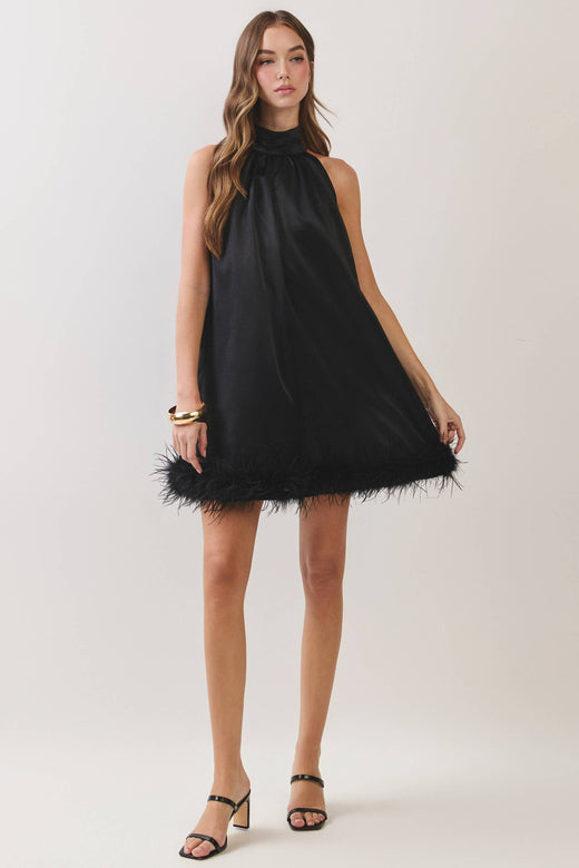 Feather Trim Halter Mini Dress