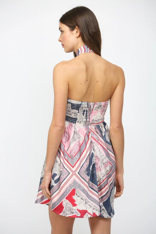 Destination Print Halter Neck Dress