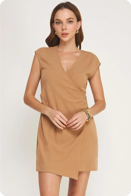 Wrap Sleeveless Textured Knit Mini Dress
