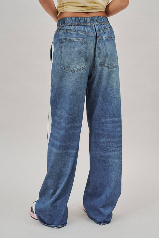 Wide Leg Faux Denim Track Pants With Side Stripes