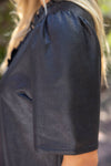 Ruffled V-Neck Solid Faux Leather Shift Dress