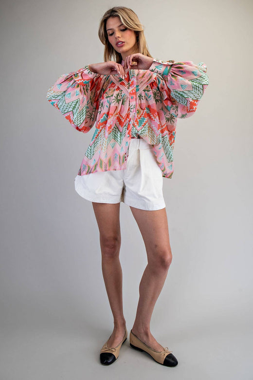 Ocean Pleated Button Top