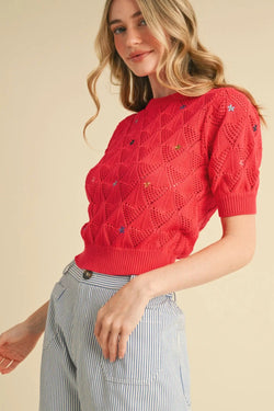 Floral Embroidery Pointelle Knit Sweater