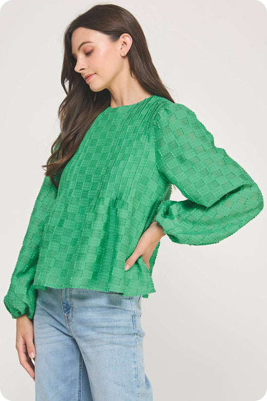 Pintuck Check Textured Puff Sleeve Blouse