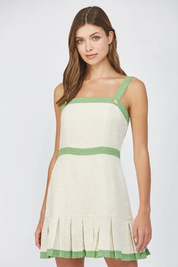 Square Neck Pleated Tweed Dress