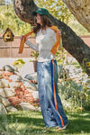 Wide Leg Faux Denim Track Pants With Side Stripes