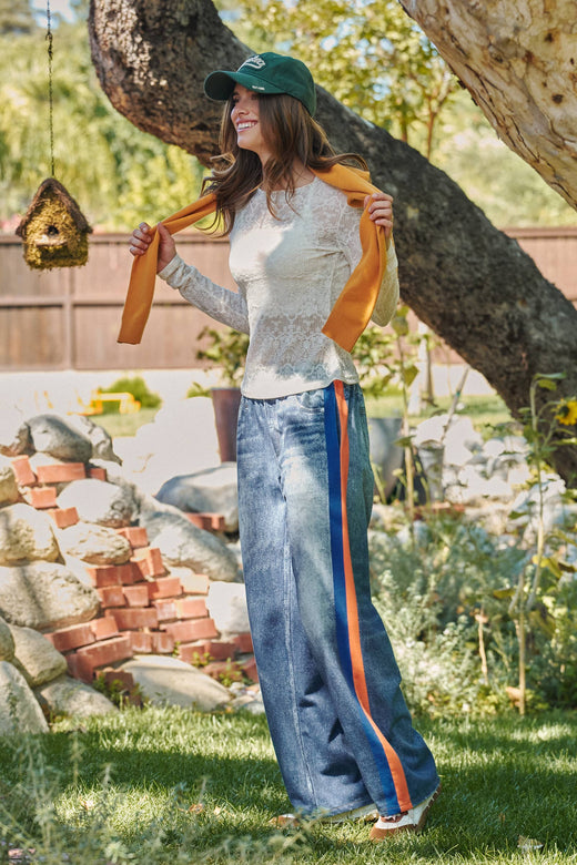 Wide Leg Faux Denim Track Pants With Side Stripes