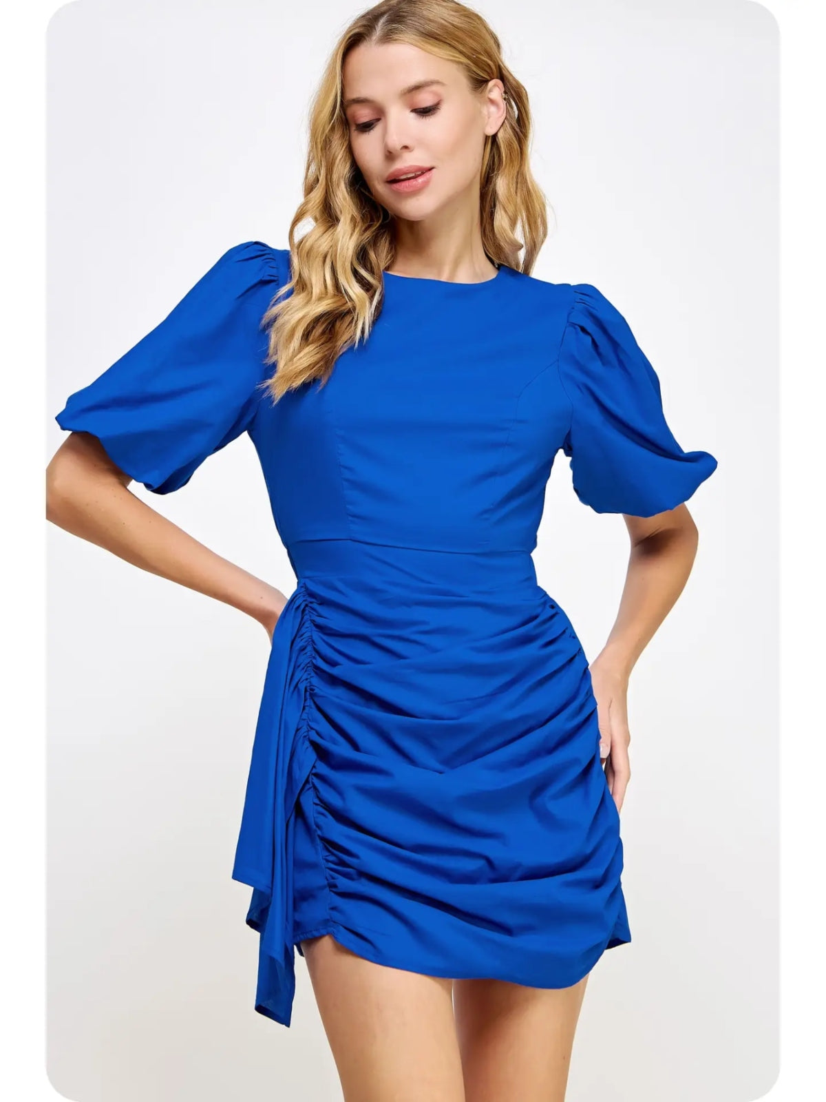 Ruched Short Puff Sleeve Voile Mini Dress