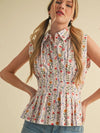 Button Down Pleated Waist Peplum Top