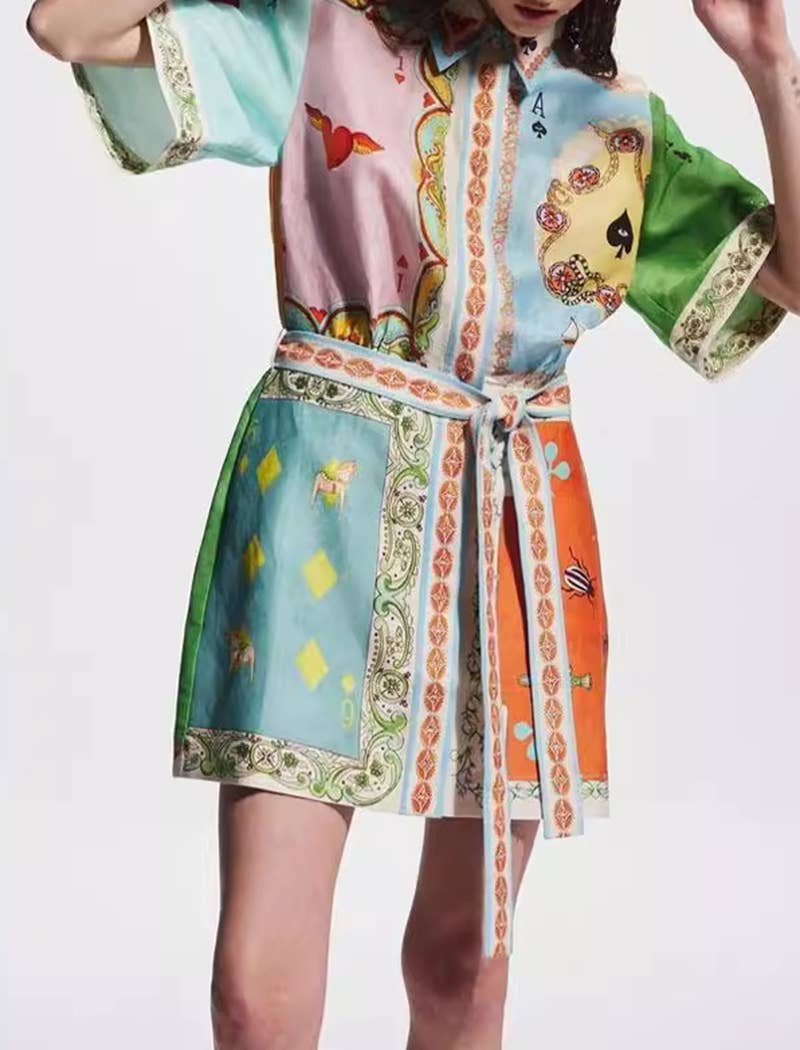 Belted Patch Print Mini Shirt Dress