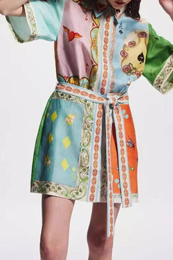 Belted Patch Print Mini Shirt Dress