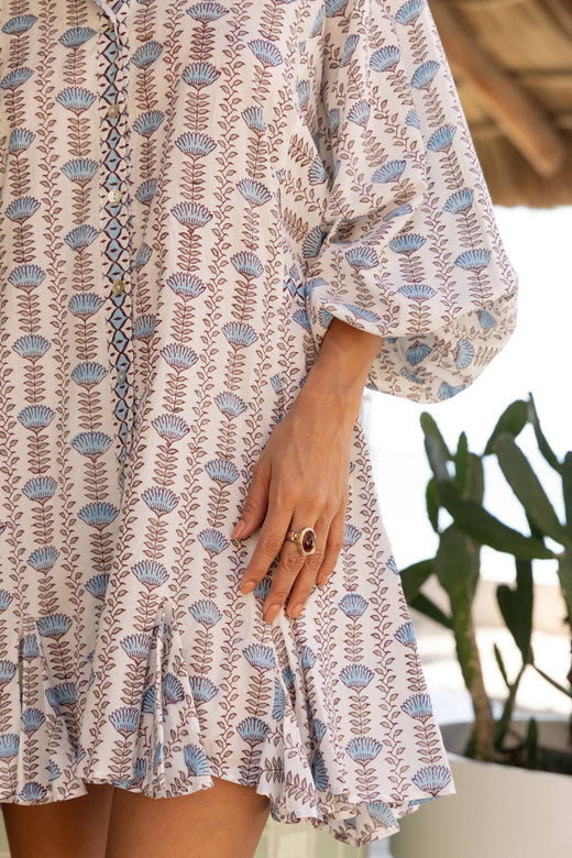 Sky Blue Belted Color Block Floral Shirt Dress