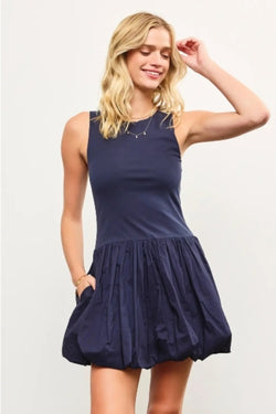 Navy Crew Neck Balloon Hem Sleeveless Dress