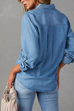 Casual Collar Button Long Sleeved Denim Top