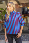Side Button Puff Sleeve Stripe Top
