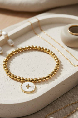 Cross Accented Shell Charm Stretch Bracelet