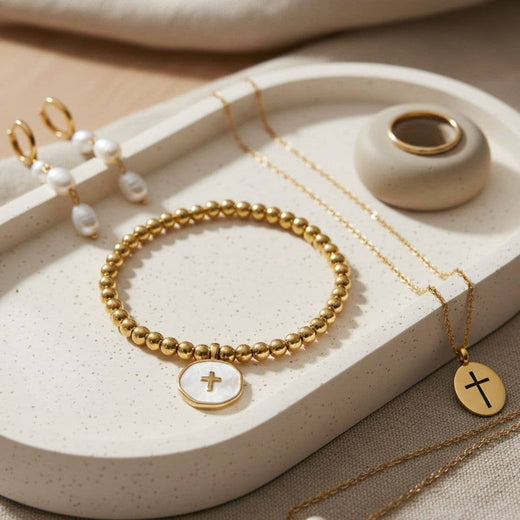 Cross Accented Shell Charm Stretch Bracelet
