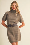 Belted Ribbed Turtleneck Heathered Knit Dress