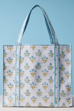 Blue Floral Hand Block Print Quilted Tote