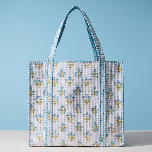 Blue Floral Hand Block Print Quilted Tote