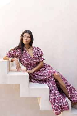 Burgundy Color Block Floral Maxi Dress