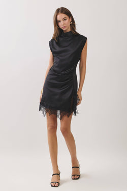 Lace Trim Ruched Waist Satin Mini Dress