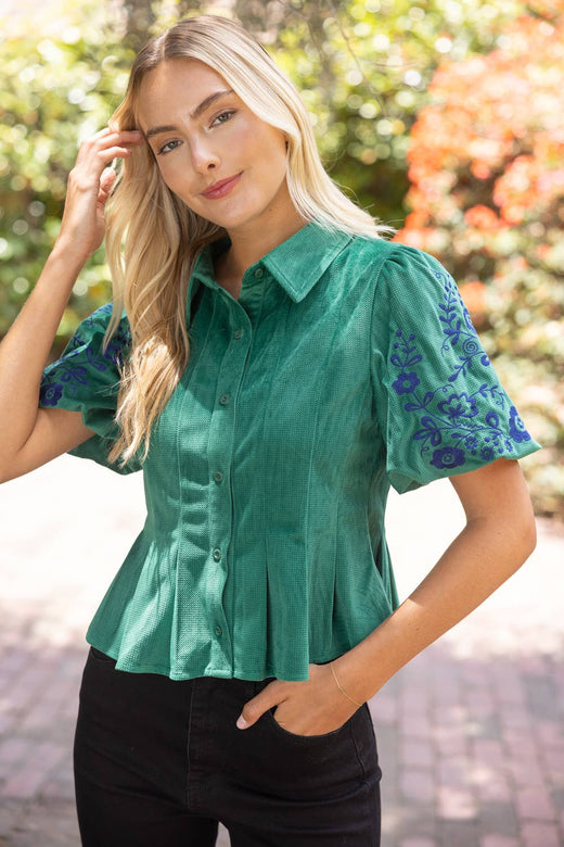 Floral Embroidered Button Down