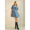 Collared Leopard Printed Denim Mini Dress