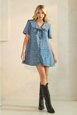 Collared Leopard Printed Denim Mini Dress